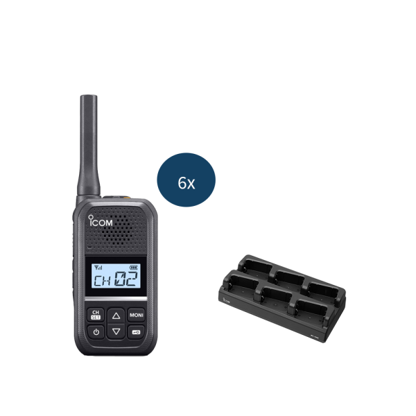 Icom IC-U20SR vergunningsvrije portofoon voorzijde met Icom IC-U20SR multilader voor 6 portofoons