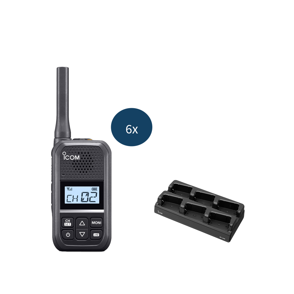 Icom IC-U20SR vergunningsvrije portofoon voorzijde met Icom IC-U20SR multilader voor 6 portofoons