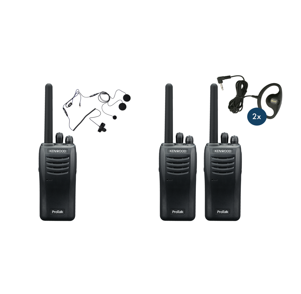 Kenwood TK-3501 motorinstructieset met 3 portofoons, HS-Pro 22K helmset en Maas KEP-300K oortjes